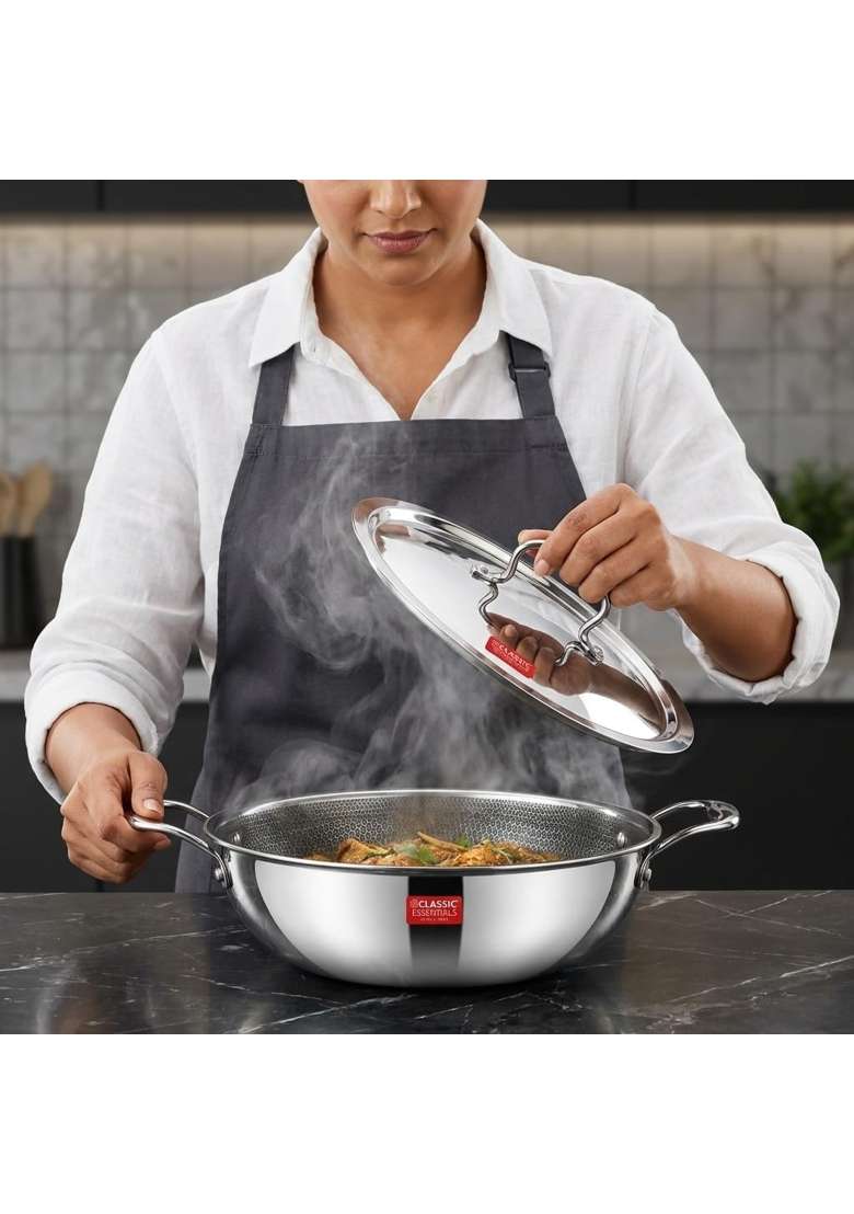 CLASSIC ESSENTIALS Triply Stainless Steel Hexa Honeycomb Kadhai Wok with Lid | 1.6 L | 1.7 Qt | 20 cm | 7.9 Inch | Induction Compatible - Indya