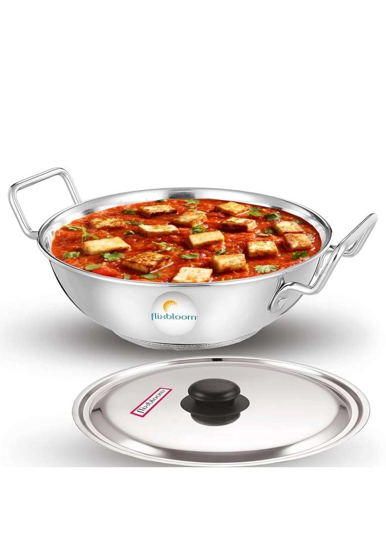 FLIXBLOOM Speical Stainless Steel Induction Base Deep Kitchen Utensil Cookware Kadai Wok | 4 L | 4.2 Qt | With Lid - Indya