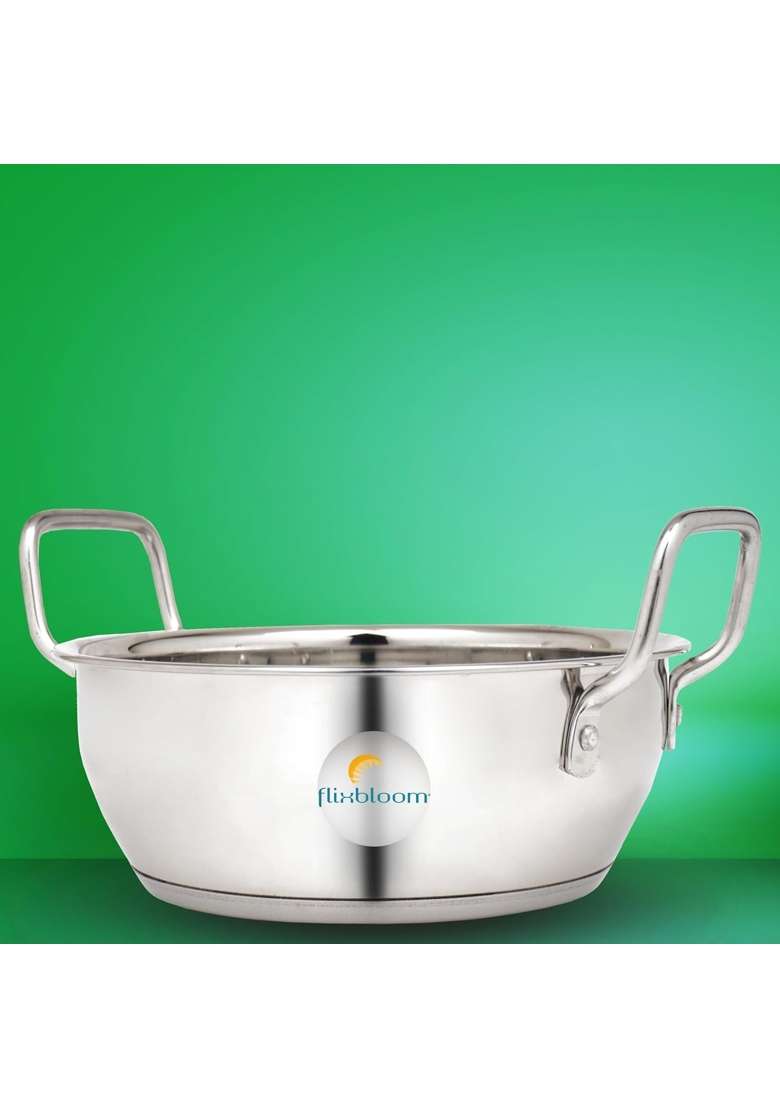FLIXBLOOM Speical Stainless Steel Induction Base Deep Kitchen Utensil Cookware Kadai Wok | 4 L | 4.2 Qt | With Lid - Indya