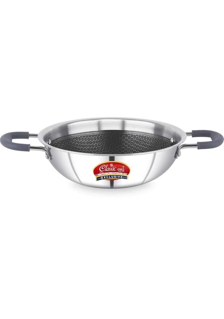 Classic Steels Hexa Comb Triply Kadai Wok Without Lid | 1.5 L | 1.6 Qt | 20 cm | 7.9 Inch | Induction Compatible | Non-Stick - Indya