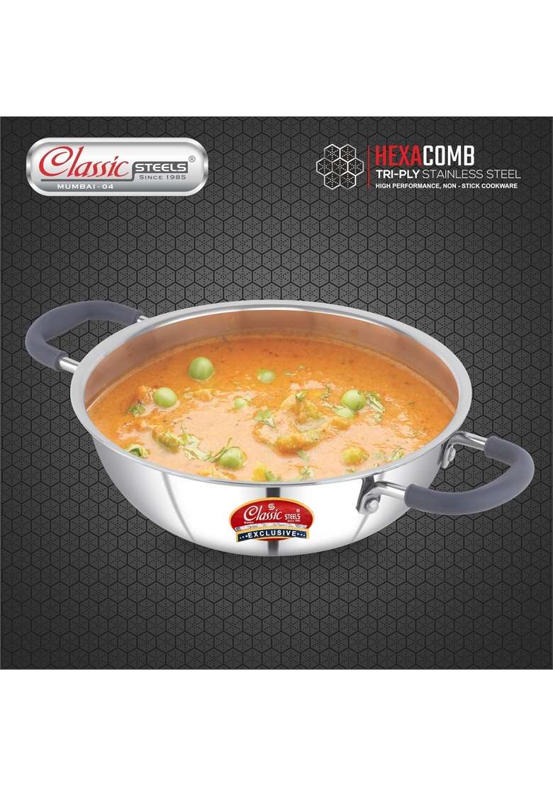 Classic Steels Hexa Comb Triply Kadai Wok Without Lid | 1.5 L | 1.6 Qt | 20 cm | 7.9 Inch | Induction Compatible | Non-Stick - Indya