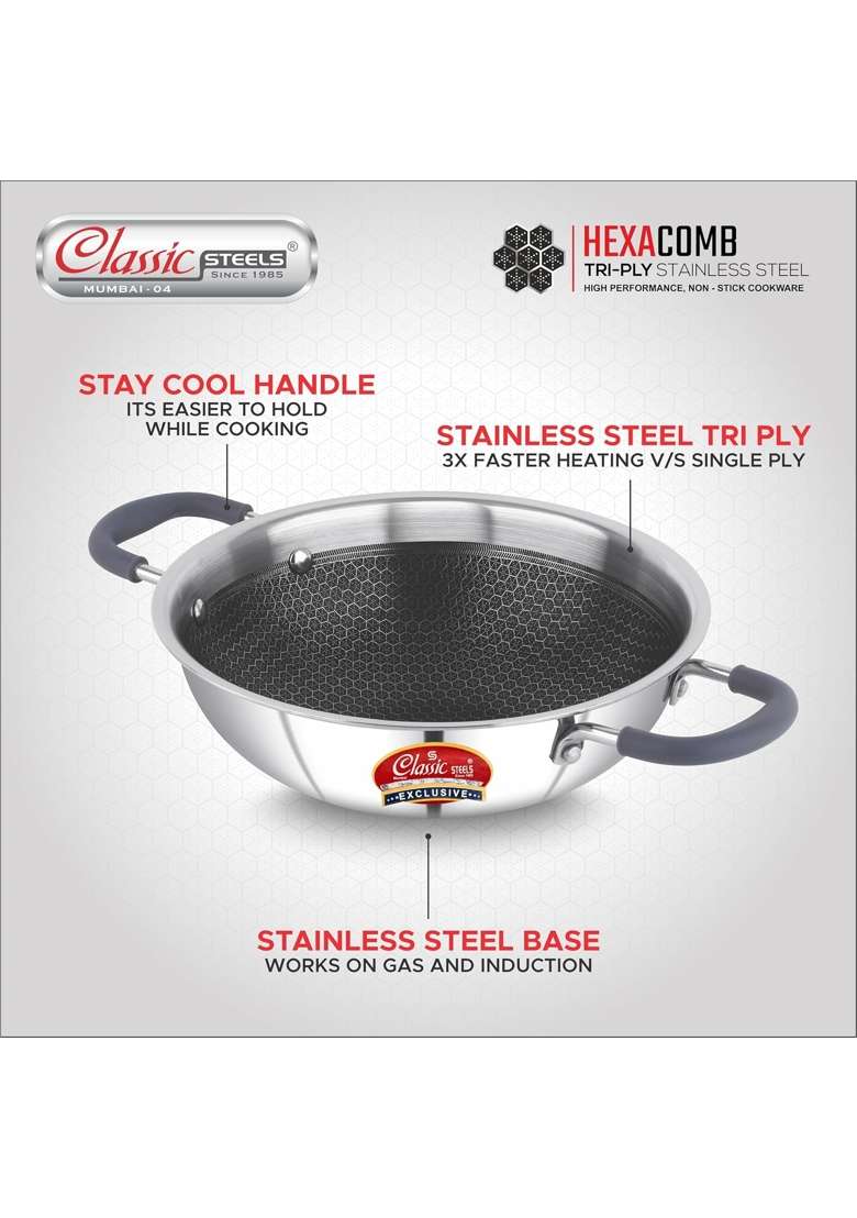 Classic Steels Hexa Comb Triply Kadai Wok Without Lid | 1.5 L | 1.6 Qt | 20 cm | 7.9 Inch | Induction Compatible | Non-Stick - Indya
