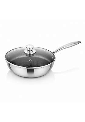 Prabha Tri-Ply Wok Fry Pan with Glass Lid | 5.5 L | 5.8 Qt | 30 cm | 11.8 Inch | Induction Compatible | Non-Stick