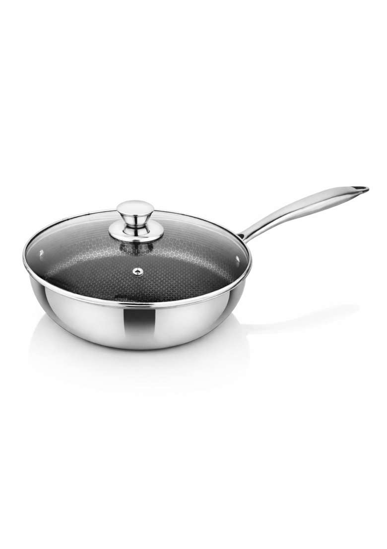Prabha Tri-Ply Wok Fry Pan with Glass Lid | 5.5 L | 5.8 Qt | 30 cm | 11.8 Inch | Induction Compatible | Non-Stick - Indya