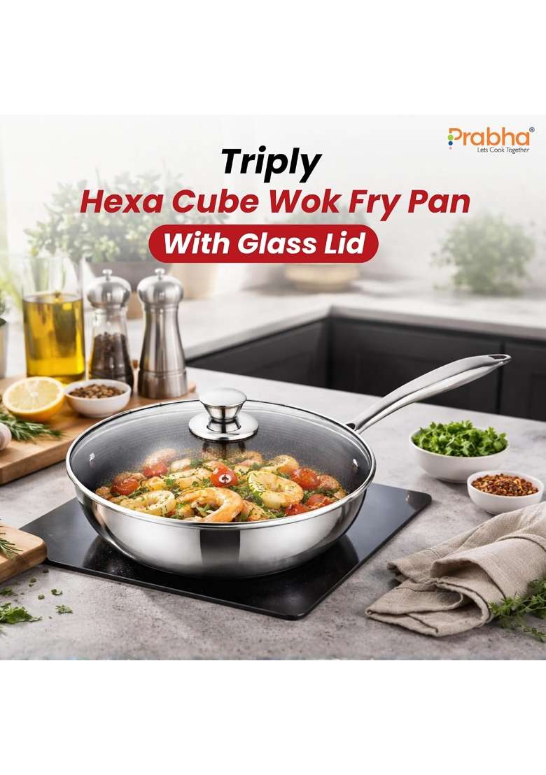 Prabha Tri-Ply Wok Fry Pan with Glass Lid | 5.5 L | 5.8 Qt | 30 cm | 11.8 Inch | Induction Compatible | Non-Stick - Indya