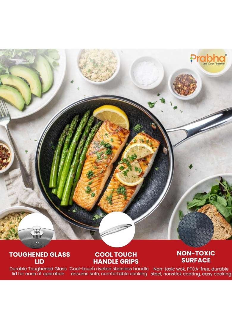 Prabha Tri-Ply Wok Fry Pan with Glass Lid | 5.5 L | 5.8 Qt | 30 cm | 11.8 Inch | Induction Compatible | Non-Stick - Indya