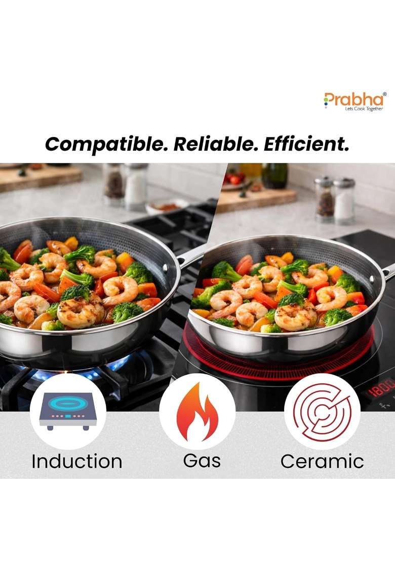 Prabha Tri-Ply Wok Fry Pan with Glass Lid | 5.5 L | 5.8 Qt | 30 cm | 11.8 Inch | Induction Compatible | Non-Stick - Indya