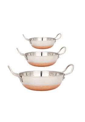 Shopsidex Kadai Wok Stainless Steel Copper Bottom Kadhai Copper Bottom | 3000 ml | 101.4 fl oz | 3-Piece Set