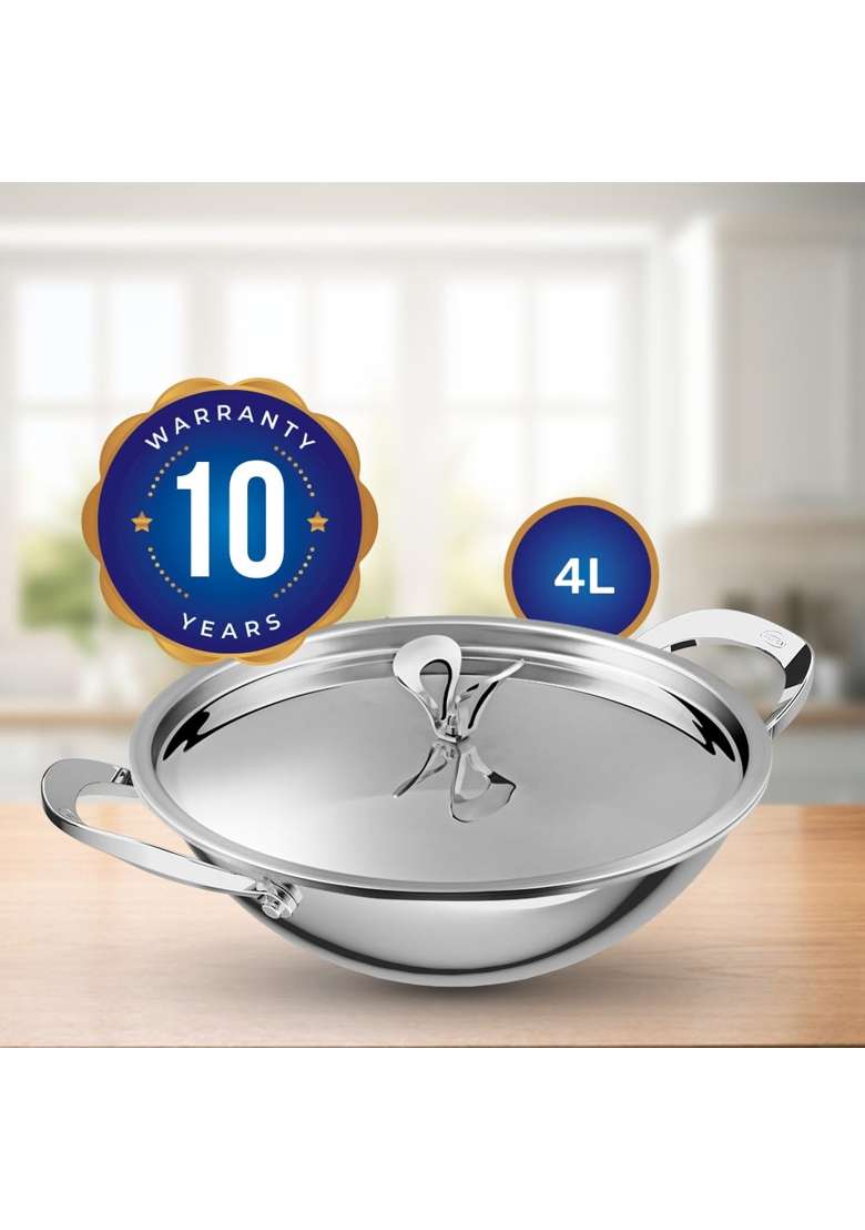 ULTRA Triply Kadai Wok Flat Bottom | 4 L | 4.2 Qt | 28 cm | 11 Inch | Non-Stick | Food Safe - Indya