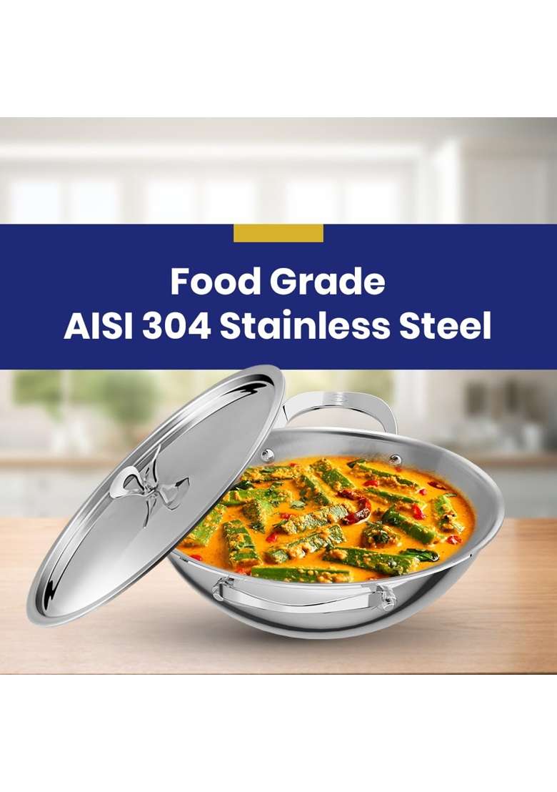 ULTRA Triply Kadai Wok Flat Bottom | 4 L | 4.2 Qt | 28 cm | 11 Inch | Non-Stick | Food Safe - Indya