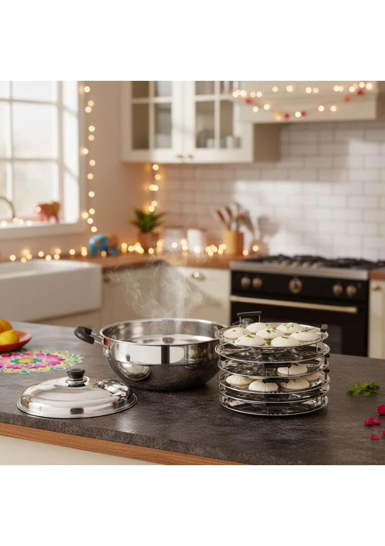 Solimo Amazon Brand Solimo Stainless Steel Induction Bottom Kadhai Wok with 6 Plates | 1 L | 1.1 Qt - Indya