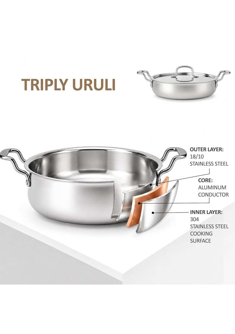 SOLARA Triply Stainless Steel Uruli with SS Lid | 24 cm | 9.4 Inch | Induction Compatible | Heavy Bottom - Indya