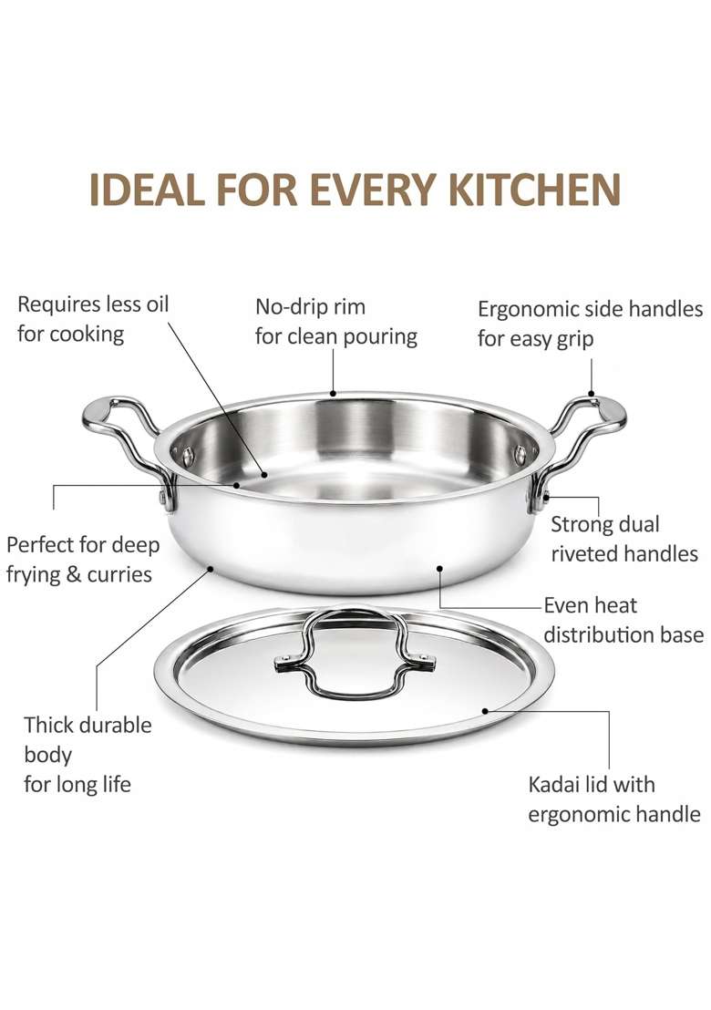 SOLARA Triply Stainless Steel Uruli with SS Lid | 24 cm | 9.4 Inch | Induction Compatible | Heavy Bottom - Indya