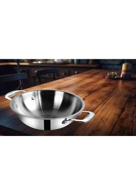 FLIXBLOOM Regal Stainless Steel Triply Thick Induction Base Kitchen Cookware Kadai Wok | 1.5 L | 1.6 Qt | Food Safe