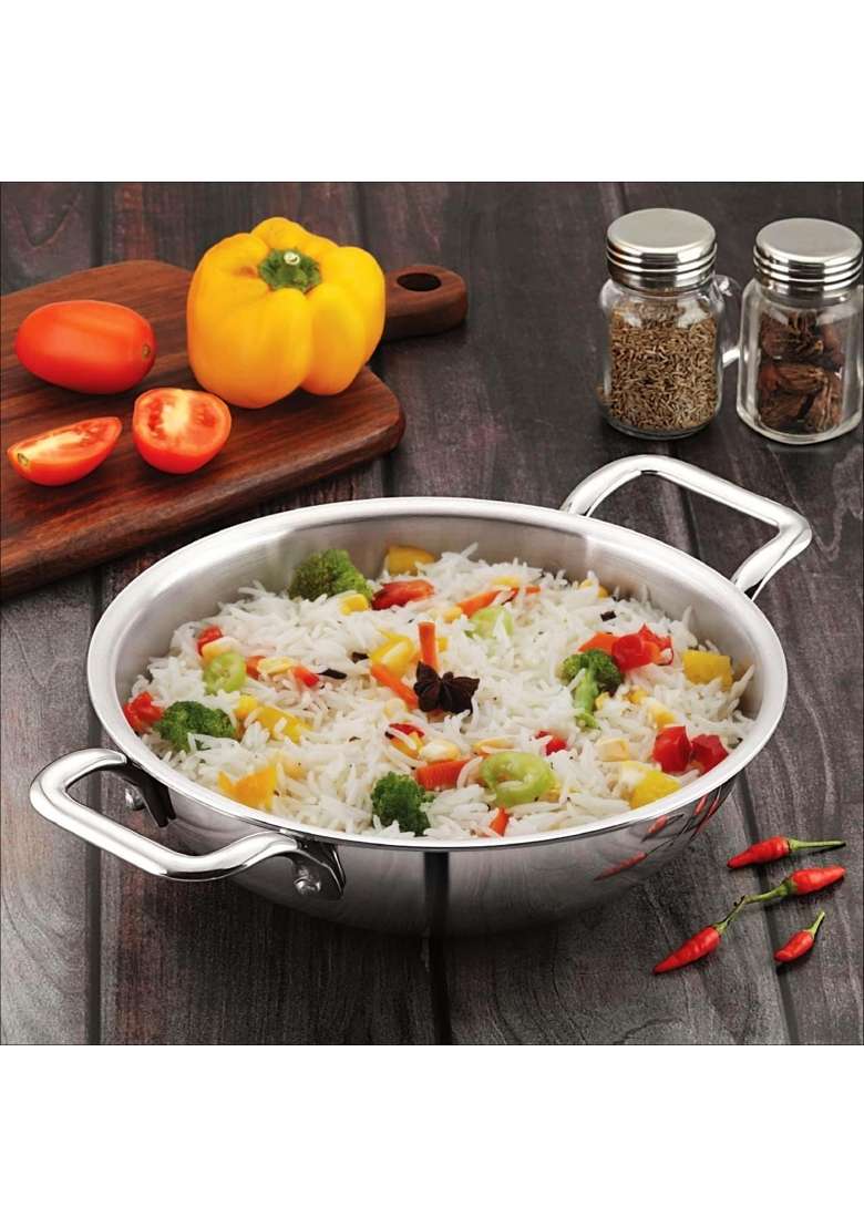 FLIXBLOOM Regal Stainless Steel Triply Thick Induction Base Kitchen Cookware Kadai Wok | 1.5 L | 1.6 Qt | Food Safe - Indya