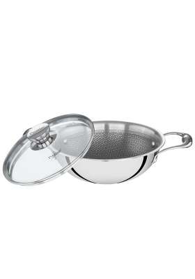 Prestige Tri-Ply Stainless Steel Hexamagic Kadai Wok with Lid | 1.6 L | 1.7 Qt | 20 cm | 7.9 Inch | Induction Compatible | Dishwasher Safe