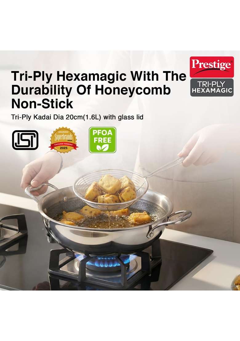 Prestige Tri-Ply Stainless Steel Hexamagic Kadai Wok with Lid | 1.6 L | 1.7 Qt | 20 cm | 7.9 Inch | Induction Compatible | Dishwasher Safe - Indya