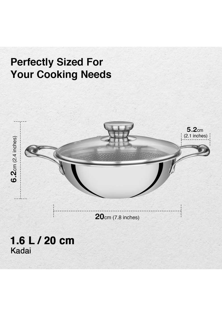 Prestige Tri-Ply Stainless Steel Hexamagic Kadai Wok with Lid | 1.6 L | 1.7 Qt | 20 cm | 7.9 Inch | Induction Compatible | Dishwasher Safe - Indya