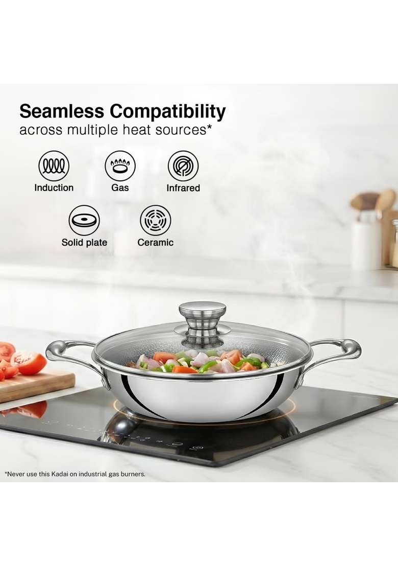 Prestige Tri-Ply Stainless Steel Hexamagic Kadai Wok with Lid | 1.6 L | 1.7 Qt | 20 cm | 7.9 Inch | Induction Compatible | Dishwasher Safe - Indya