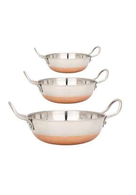 Shopsidex Stainless Steel Copper Bottom Kadhai Wok Kadai for Cooking Serving | 1000 ml | 33.8 fl oz | 3-Piece Set