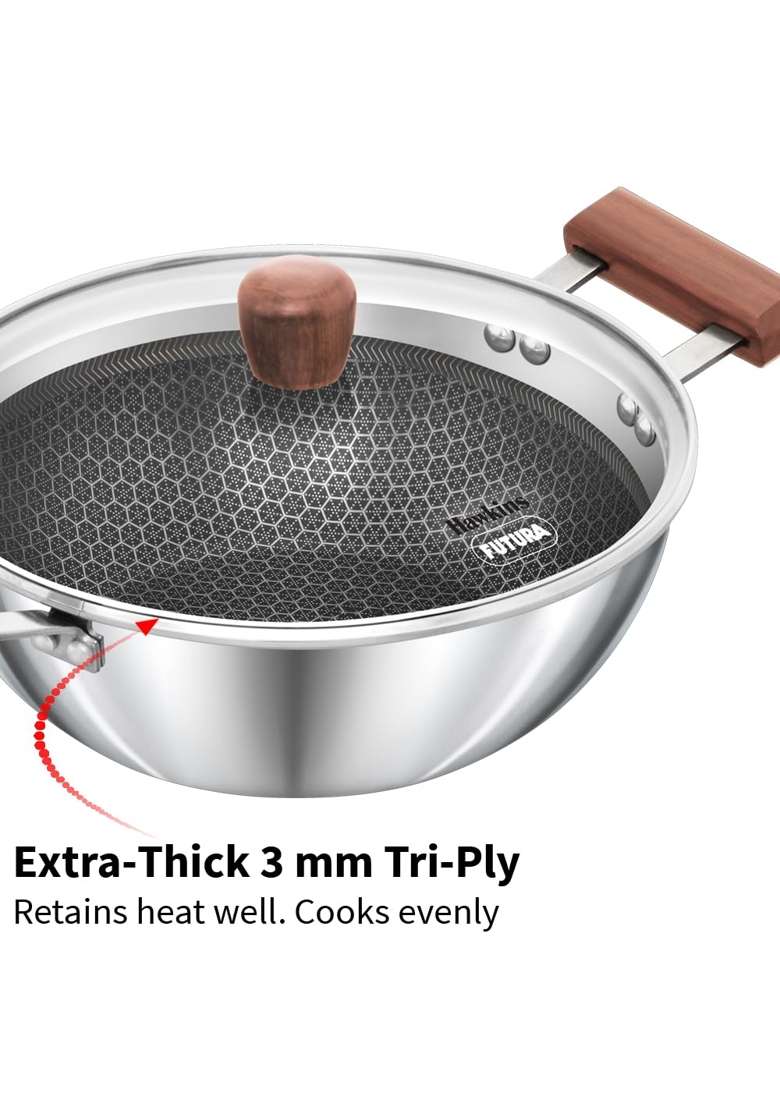 Hawkins Deep Kadhai Wok | 2.5 L | 2.6 Qt | Induction Compatible | Non-Stick | Tri-Ply - Indya