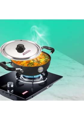 FLIXBLOOM Perfect Hard Anodised Induction Base Cookware Set Kadai Wok Kadhai with Stainless | 4.5 L | 4.8 Qt | With Lid