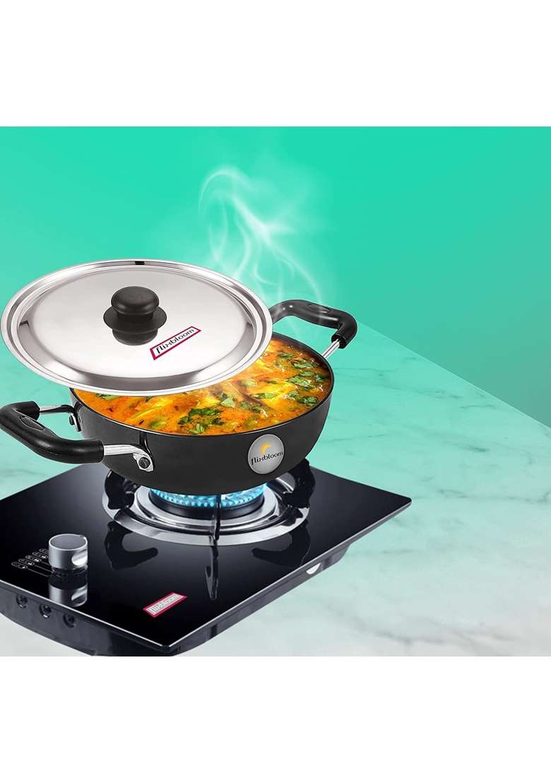 FLIXBLOOM Perfect Hard Anodised Induction Base Cookware Set Kadai Wok Kadhai with Stainless | 4.5 L | 4.8 Qt | With Lid - Indya