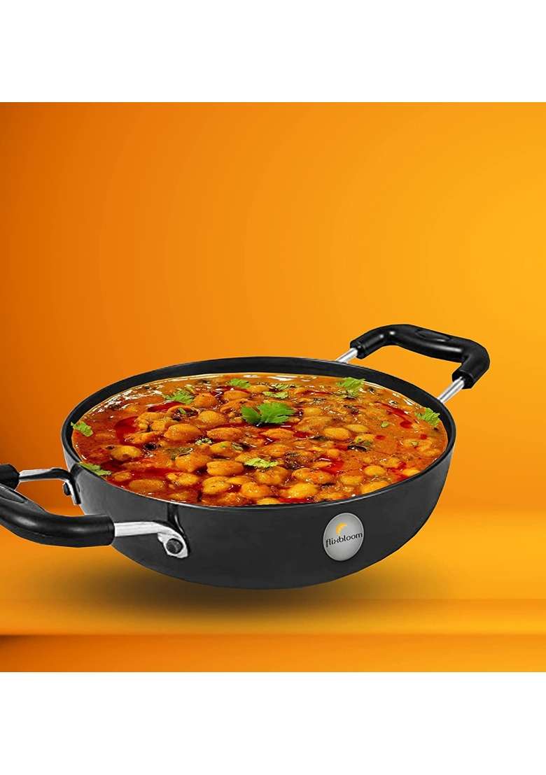 FLIXBLOOM Perfect Hard Anodised Induction Base Cookware Set Kadai Wok Kadhai with Stainless | 4.5 L | 4.8 Qt | With Lid - Indya