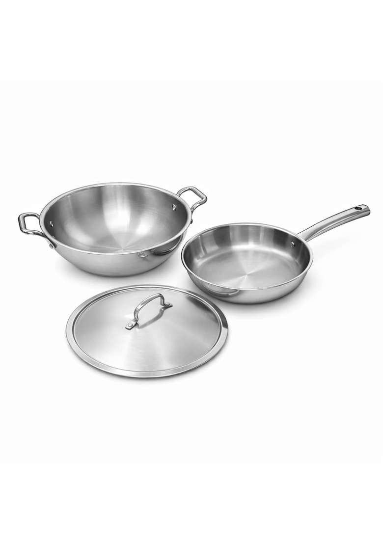 AANYA HOME CRAFT Aanya Homecraft Trio Robust 18 10 Tri-Ply Stainless Steel Cookware Set | 22 cm | 8.7 Inch | 3-Piece Set | Induction Compatible - Indya