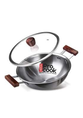 MILTON Pro cook Induction Cookware and Gas Stove Friendly Triply Stainless Steel Kadhai Wok | 1.5 L | 1.6 Qt | 20 cm | 7.9 Inch | With Lid