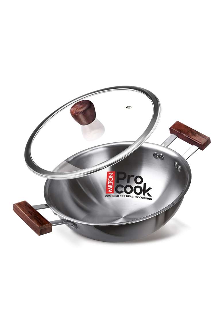 MILTON Pro cook Induction Cookware and Gas Stove Friendly Triply Stainless Steel Kadhai Wok | 1.5 L | 1.6 Qt | 20 cm | 7.9 Inch | With Lid - Indya