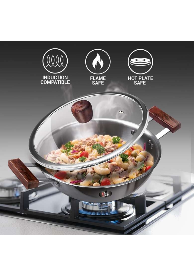 MILTON Pro cook Induction Cookware and Gas Stove Friendly Triply Stainless Steel Kadhai Wok | 1.5 L | 1.6 Qt | 20 cm | 7.9 Inch | With Lid - Indya