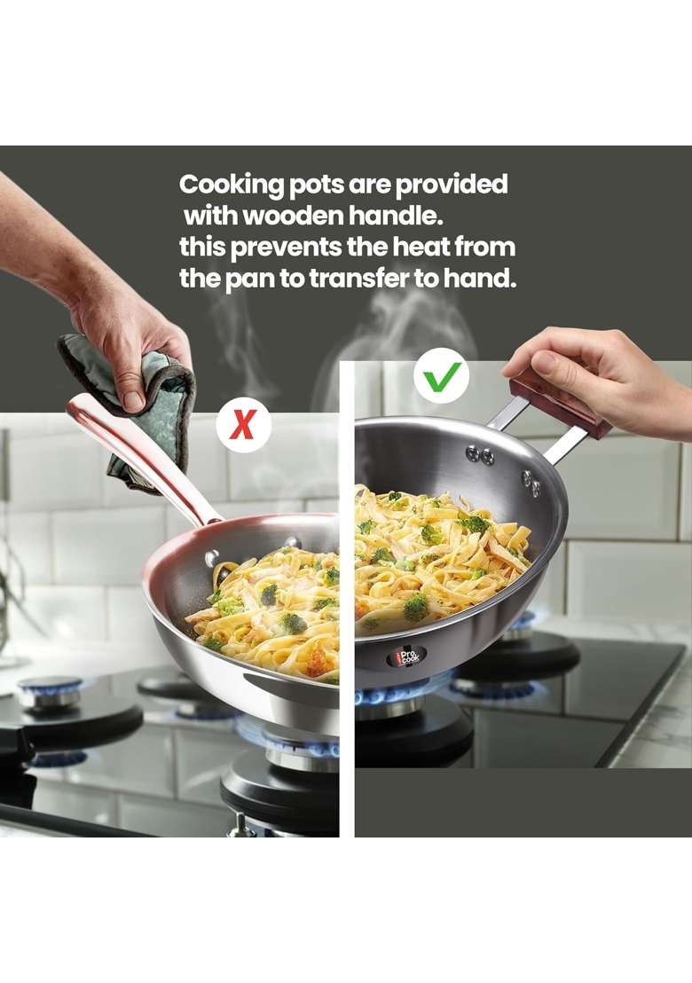 MILTON Pro cook Induction Cookware and Gas Stove Friendly Triply Stainless Steel Kadhai Wok | 1.5 L | 1.6 Qt | 20 cm | 7.9 Inch | With Lid - Indya