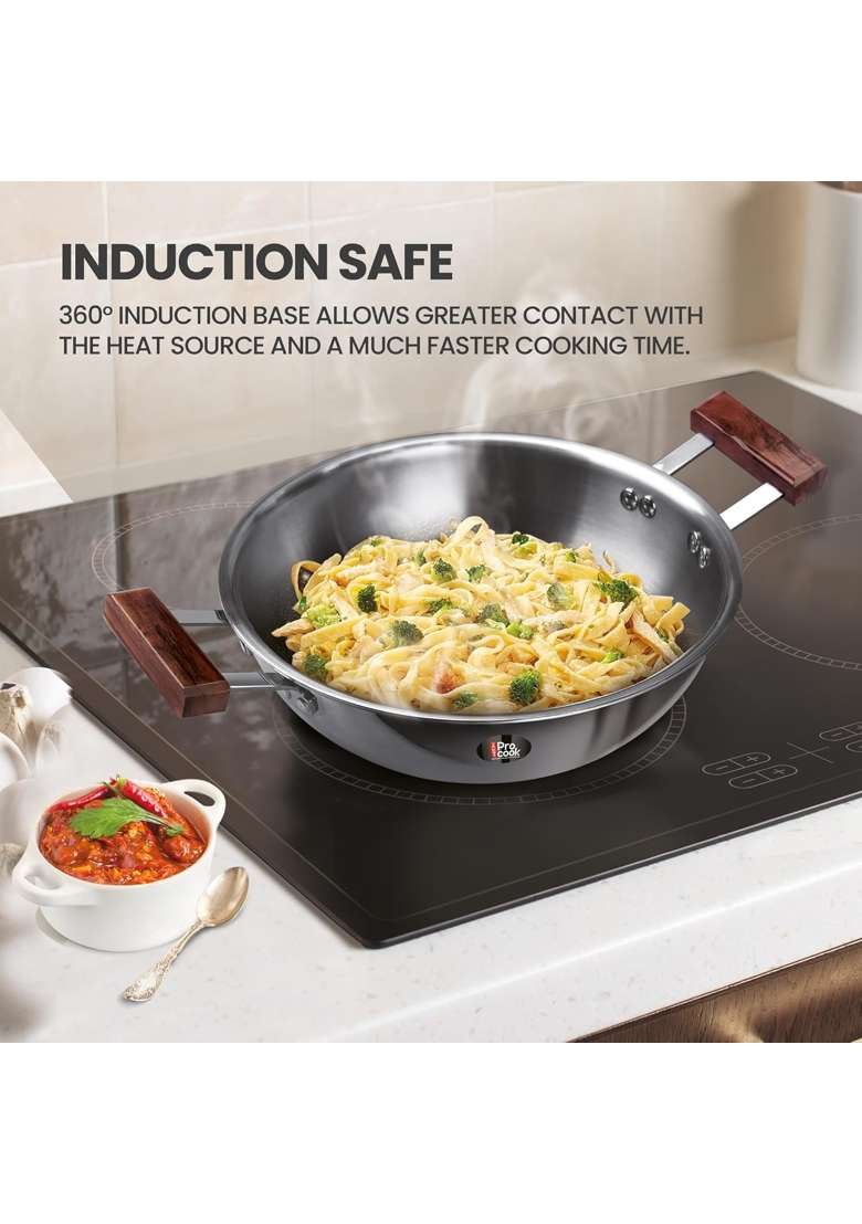 MILTON Pro cook Induction Cookware and Gas Stove Friendly Triply Stainless Steel Kadhai Wok | 1.5 L | 1.6 Qt | 20 cm | 7.9 Inch | With Lid - Indya
