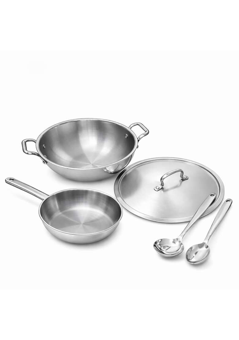 AANYA HOME CRAFT Aanya Homecraft Trio Robust 18 10 Tri-Ply Stainless Steel Cookware and Serving Set | 22 cm | 8.7 Inch | 5-Piece Set - Indya