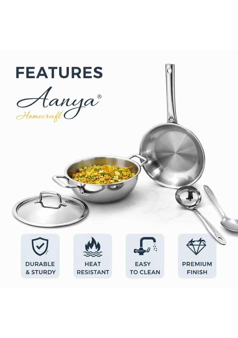 AANYA HOME CRAFT Aanya Homecraft Trio Robust 18 10 Tri-Ply Stainless Steel Cookware and Serving Set | 22 cm | 8.7 Inch | 5-Piece Set - Indya