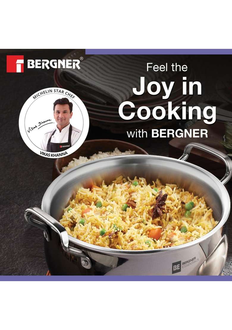 BERGNER BE Essentials TriPly Stainless Steel Rice Handi Cooking Pot with Lid | 0.2 L | 0.2 Qt | 20 cm | 7.9 Inch | Induction Compatible | Non-Toxic - Indya