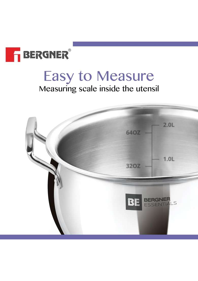 BERGNER BE Essentials TriPly Stainless Steel Rice Handi Cooking Pot with Lid | 0.2 L | 0.2 Qt | 20 cm | 7.9 Inch | Induction Compatible | Non-Toxic - Indya