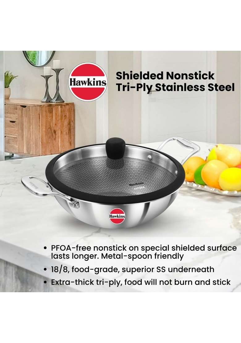 Hawkins Pro Shielded Nonstick Triply Deep-Fry Pan | 3.5 L | 3.7 Qt | 26 cm | 10.2 Inch | Induction Compatible - Indya