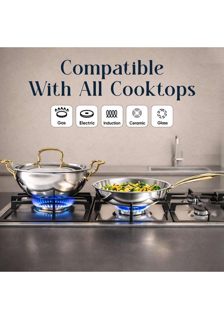 SOLARA MontClaire Premium Triply Stainless Steel Cookware | 1.7 L | 1.8 Qt | 22 cm | 8.7 Inch | 2-Piece Set | Induction Compatible | Non-Toxic - Indya