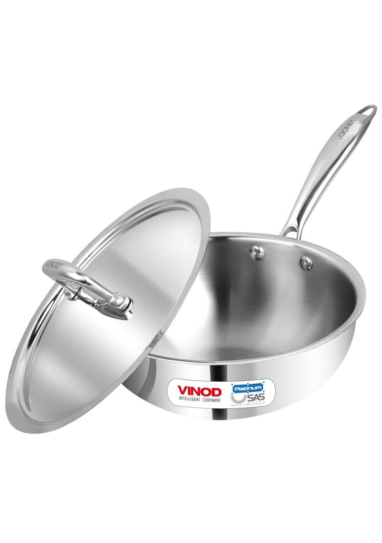 Vinod Platinum Triply Stainless Steel Deep Frying Pan with Lid | 2.5 L | 2.6 Qt | 22 cm | 8.7 Inch | Induction Compatible | Heavy Bottom - Indya