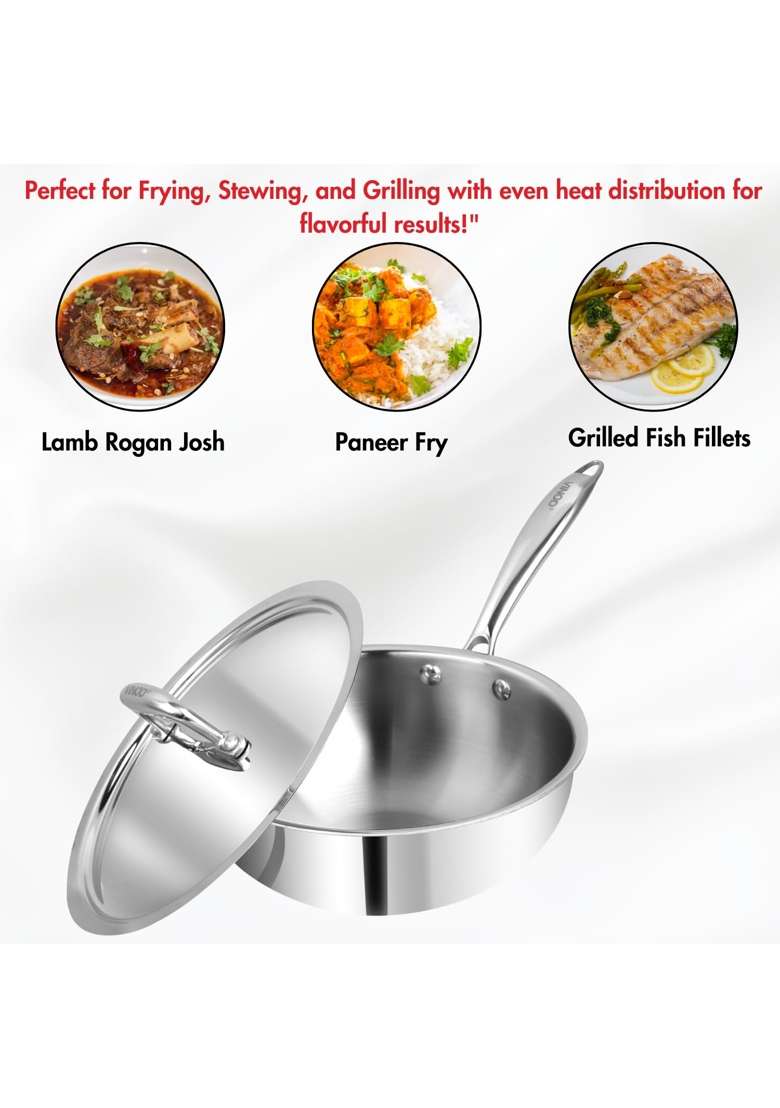 Vinod Platinum Triply Stainless Steel Deep Frying Pan with Lid | 2.5 L | 2.6 Qt | 22 cm | 8.7 Inch | Induction Compatible | Heavy Bottom - Indya