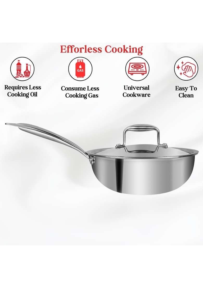 Vinod Platinum Triply Stainless Steel Deep Frying Pan with Lid | 2.5 L | 2.6 Qt | 22 cm | 8.7 Inch | Induction Compatible | Heavy Bottom - Indya