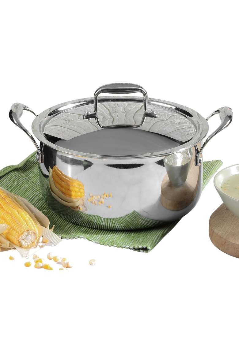 Vinod Platinum Triply Stainless Steel Saucepot with Lid | 3 L | 3.2 Qt | 20 cm | 7.9 Inch | Induction Compatible - Indya