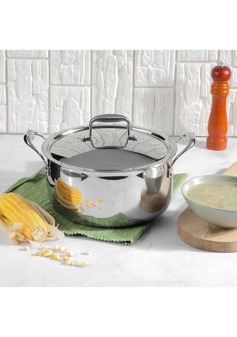 Vinod Platinum Triply Stainless Steel Saucepot with Lid | 3 L | 3.2 Qt | 20 cm | 7.9 Inch | Induction Compatible - Indya