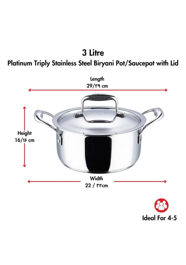 Vinod Platinum Triply Stainless Steel Saucepot with Lid | 3 L | 3.2 Qt | 20 cm | 7.9 Inch | Induction Compatible - Indya