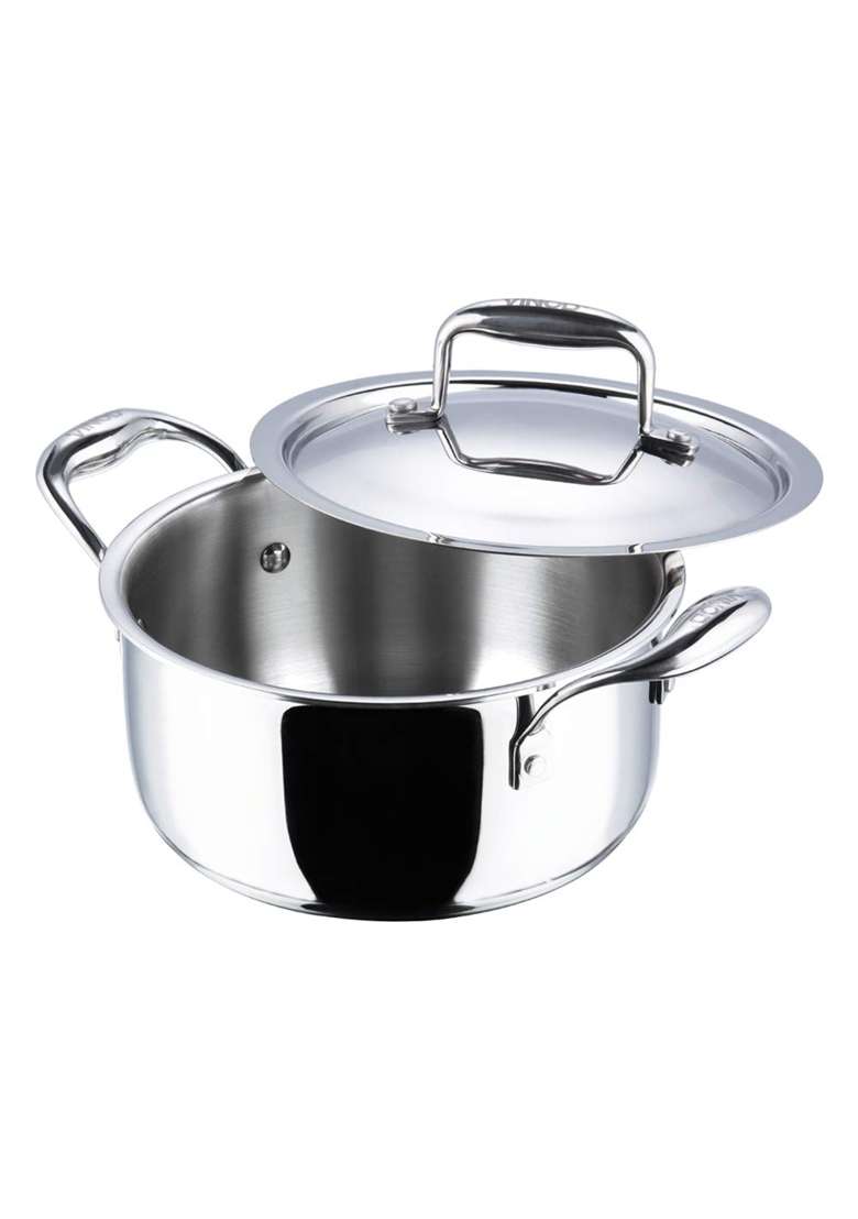 Vinod Platinum Triply Stainless Steel Saucepot with Lid | 3 L | 3.2 Qt | 20 cm | 7.9 Inch | Induction Compatible - Indya