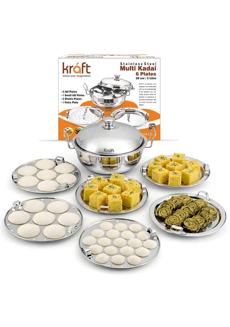 Kraft- follow your imagination Kraft Stainless Steel Multi Kadai Wok Idli Maker | 5 L | 5.3 Qt | 28 cm | 11 Inch | Induction Compatible - Indya