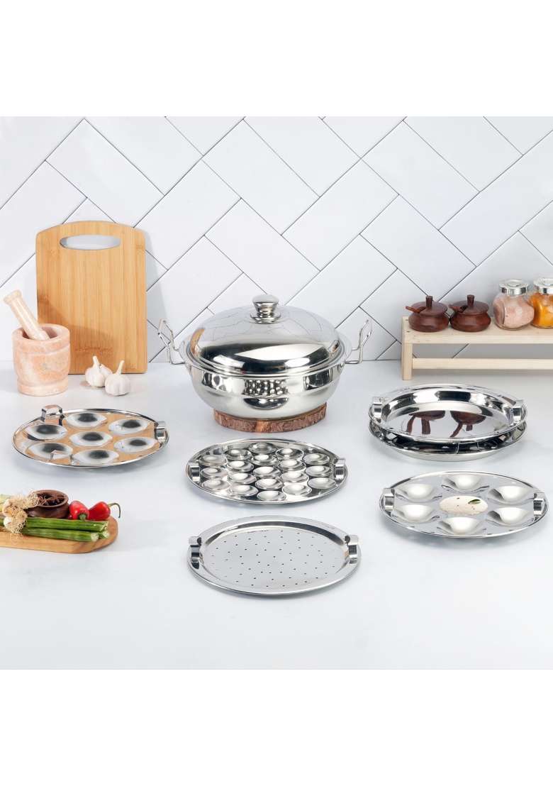 Kraft- follow your imagination Kraft Stainless Steel Multi Kadai Wok Idli Maker | 5 L | 5.3 Qt | 28 cm | 11 Inch | Induction Compatible - Indya