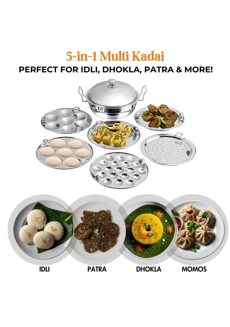 Kraft- follow your imagination Kraft Stainless Steel Multi Kadai Wok Idli Maker | 5 L | 5.3 Qt | 28 cm | 11 Inch | Induction Compatible - Indya